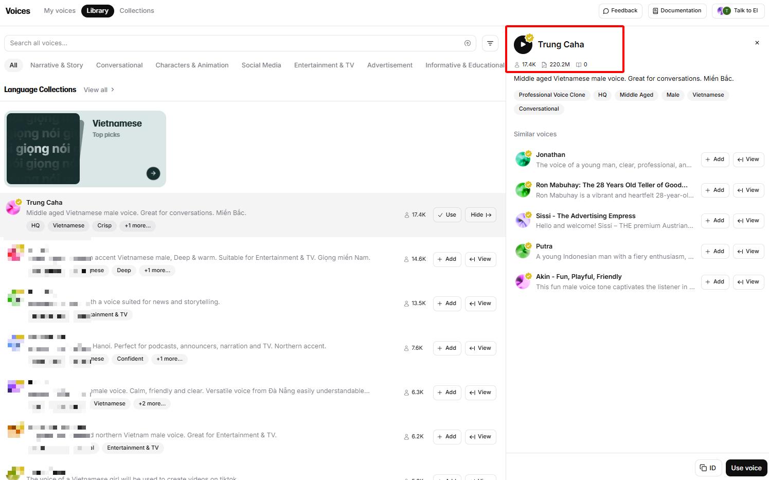 Trung Caha - Top 1 Giọng Đọc ElevenLabs 2025 với 17.4K users và 220.2M lượt sử dụng
